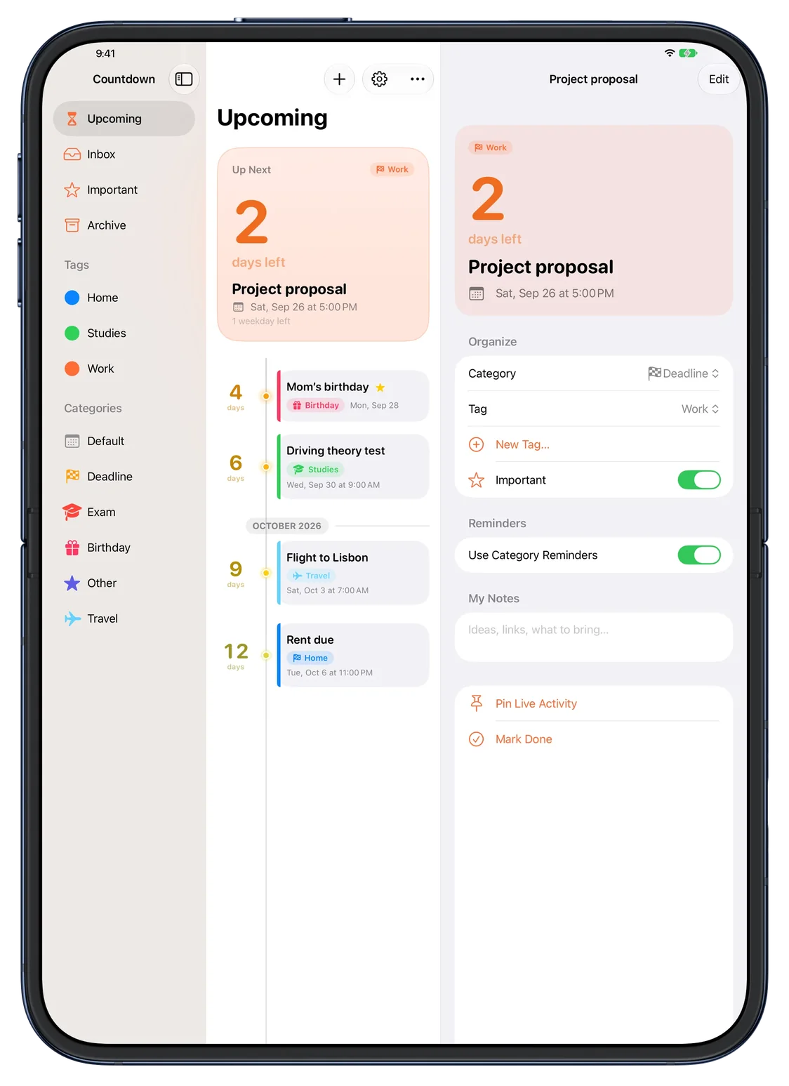 Countdown on the iPhone Duo inner display, with sidebar, timeline and details