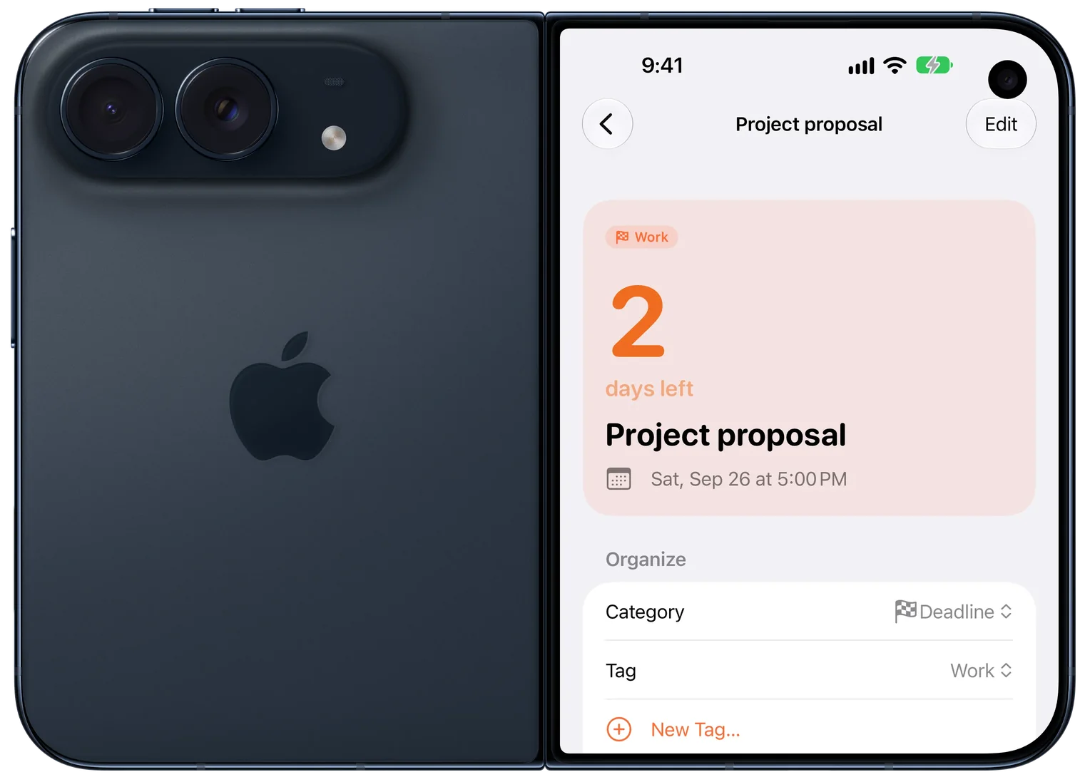 iPhone Duo seen from the back, with a countdown on the outer display